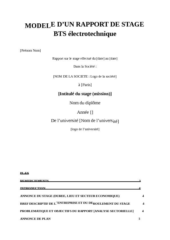 MODELE DUN RAPPORT DE STAGE BTS électrotechnique PDF