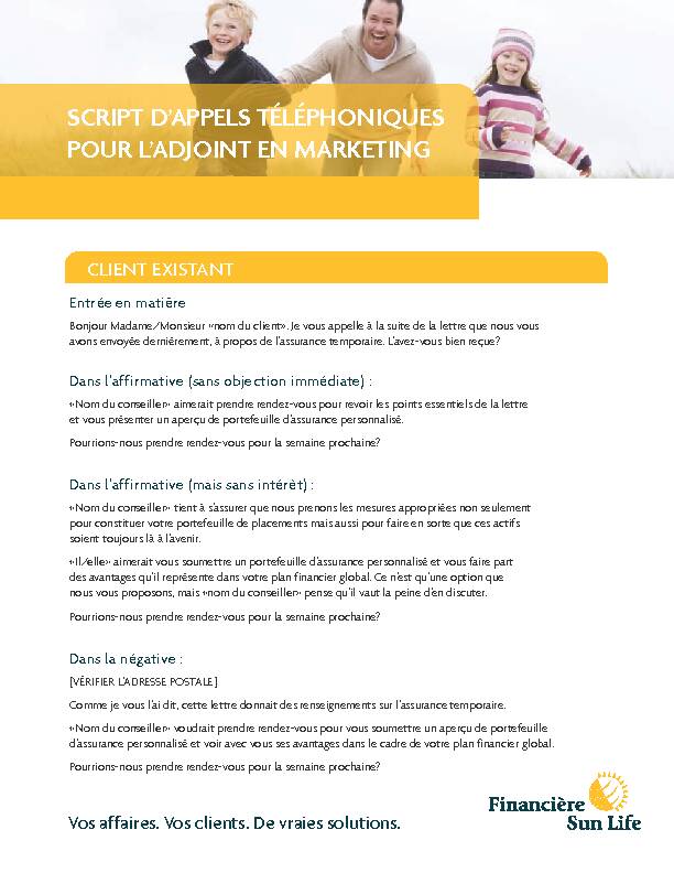 [PDF] Script dappelS téléphoniqueS pour ladjoint en marketing - Sun Life