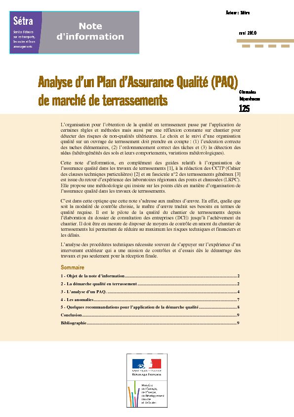 [PDF] Analyse dun Plan dAssurance Qualité (PAQ) de marché de