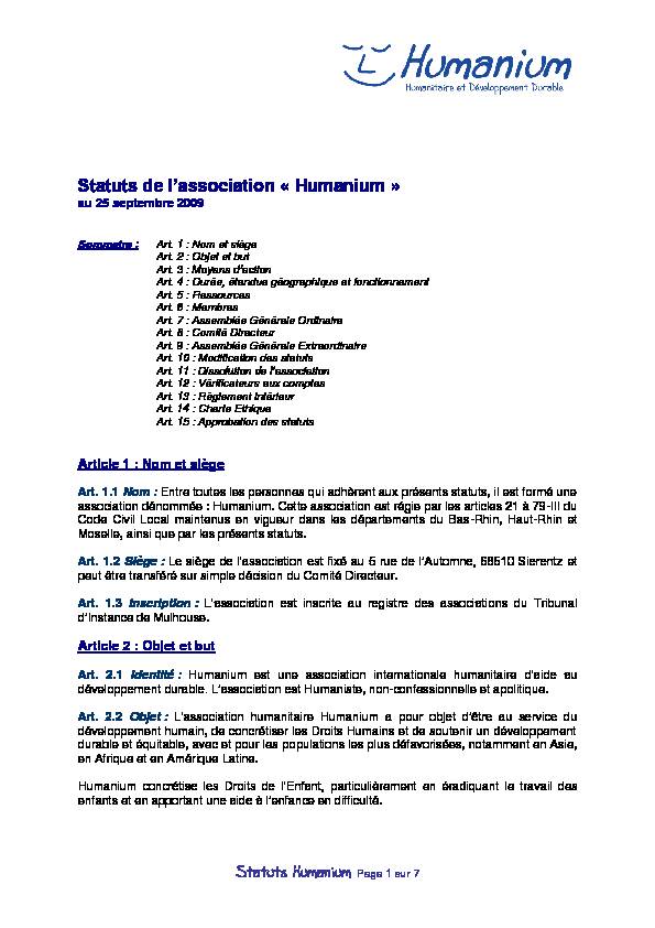 Statuts Humanium Page 1 sur 7 Statuts de lassociation « Humanium »