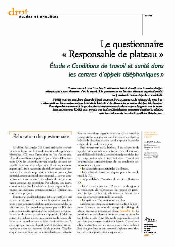 [PDF] Le questionnaire « Responsable de plateau » - INRS