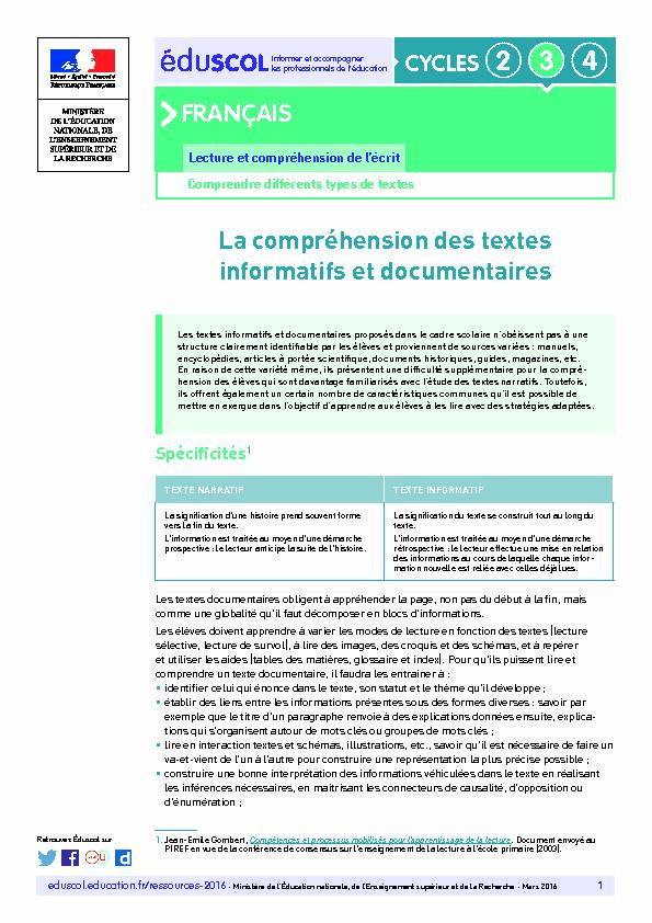 FRANÇAIS La compréhension des textes informatifs et documentaires