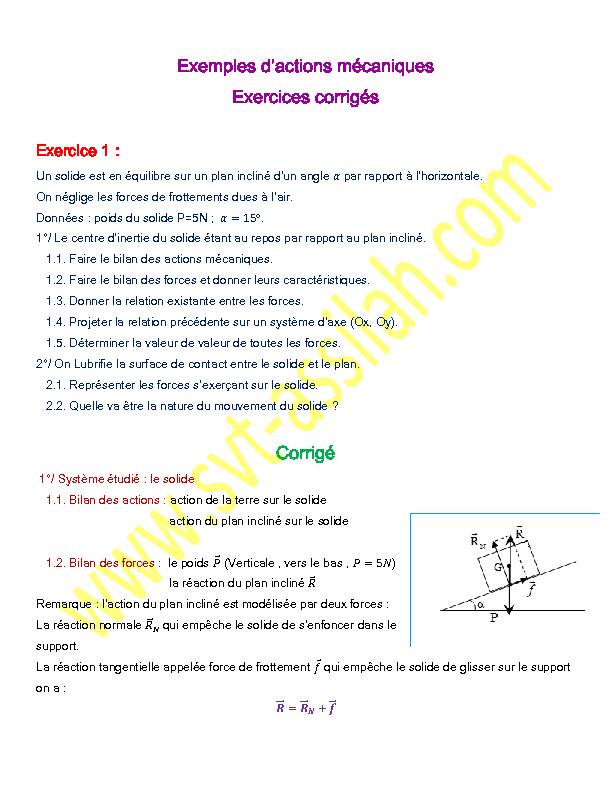[PDF] Exemples dactions mécaniques Exercices corrigés Corrigé
