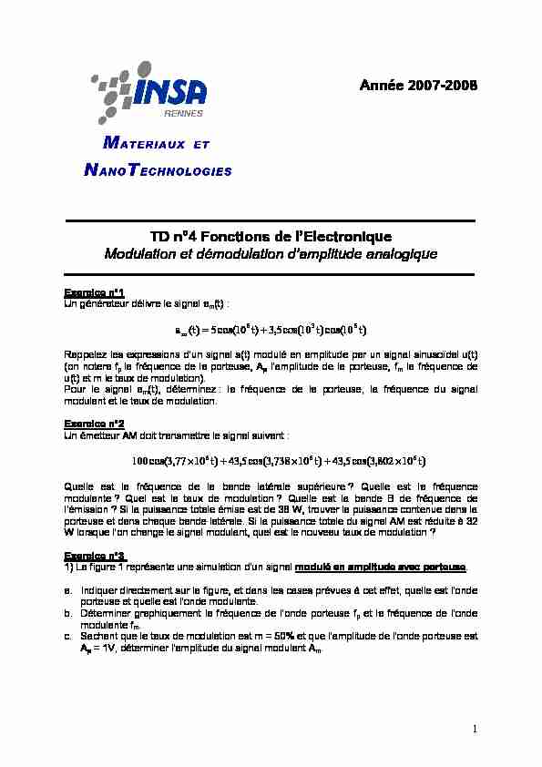Année 2007-2008 TD n°4 Fonctions de lElectronique Modulation et
