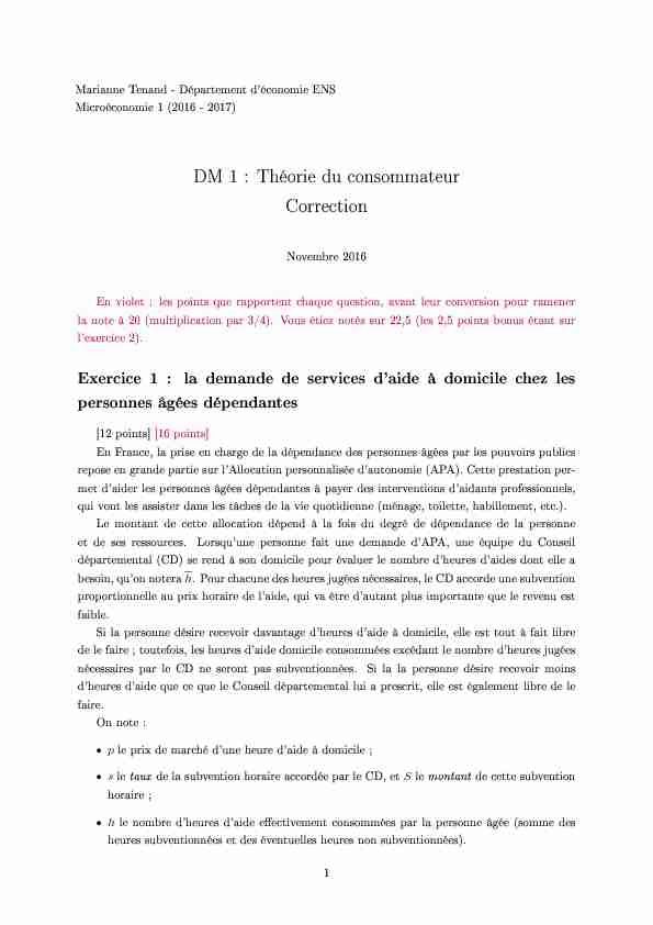 DM 1 : Théorie du consommateur Correction - Paris School of