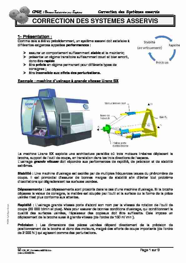 CPGE S I pour l’ I CORRECTION DES SYSTEMES ASSERVIS