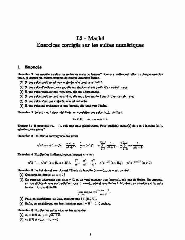 L2 - Math4 Exercices corrigés sur les suites numériques