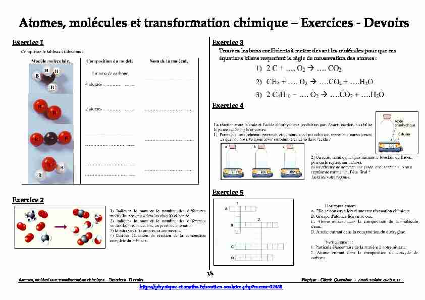 Quatrième - Atomes molécules et transformation chimique - Exercices