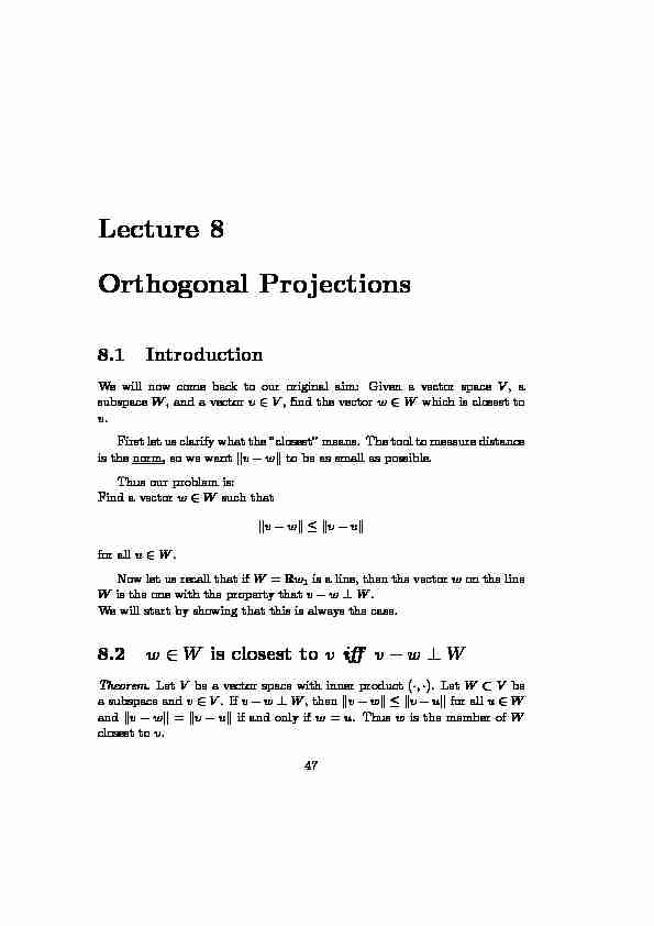 Lecture 8 Orthogonal Projections