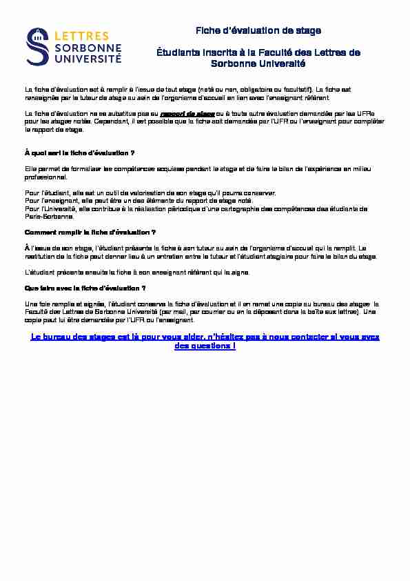 Fiche d’évaluation de stage Étudiants  - Sorbonne Université