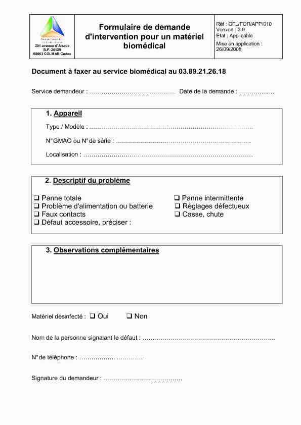 [PDF] Formulaire de demande dintervention pour un matériel biomédical