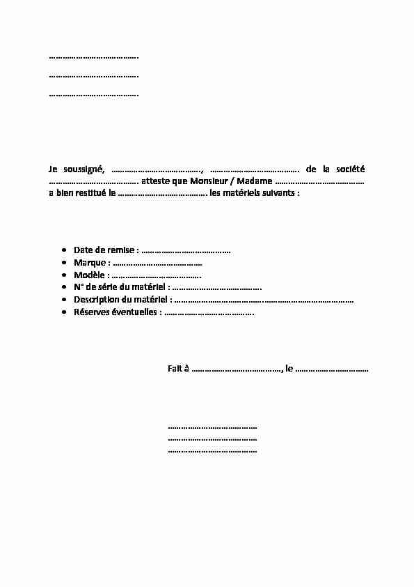 Attestation de restitution de matériel - Format PDF