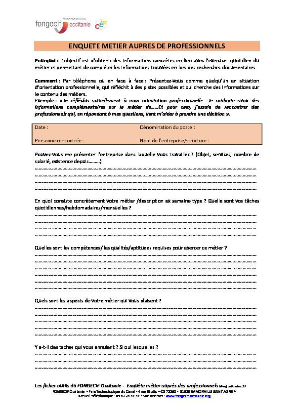 [PDF] ENQUETE METIER AUPRES DE PROFESSIONNELS