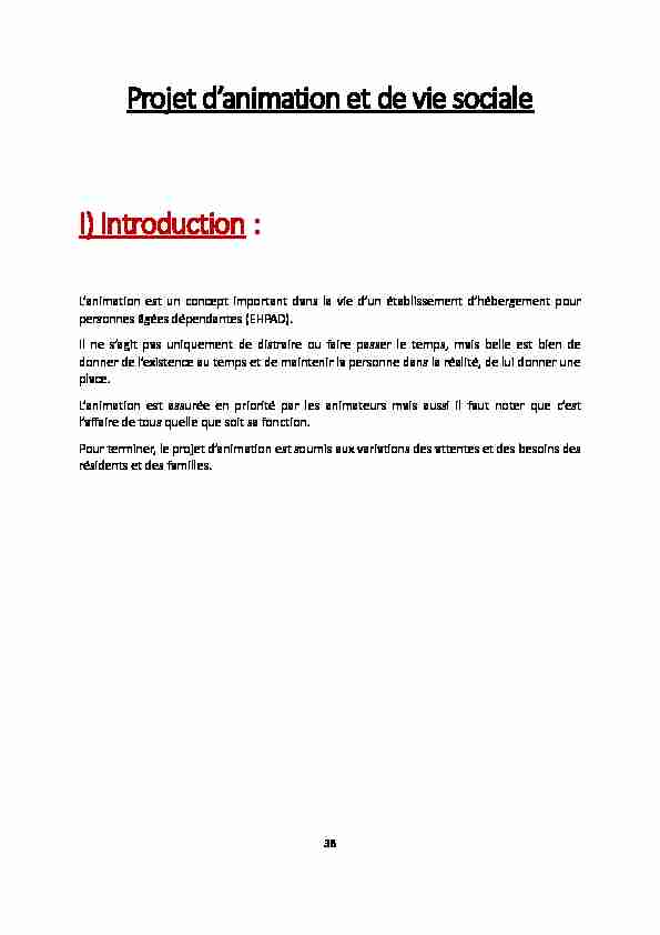 Projet danimation et de vie sociale I) Introduction :