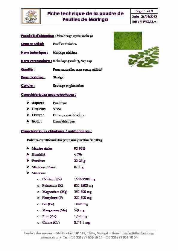 [PDF] Fiche technique de la poudre de Feuilles de Moringa - BAOBAB des