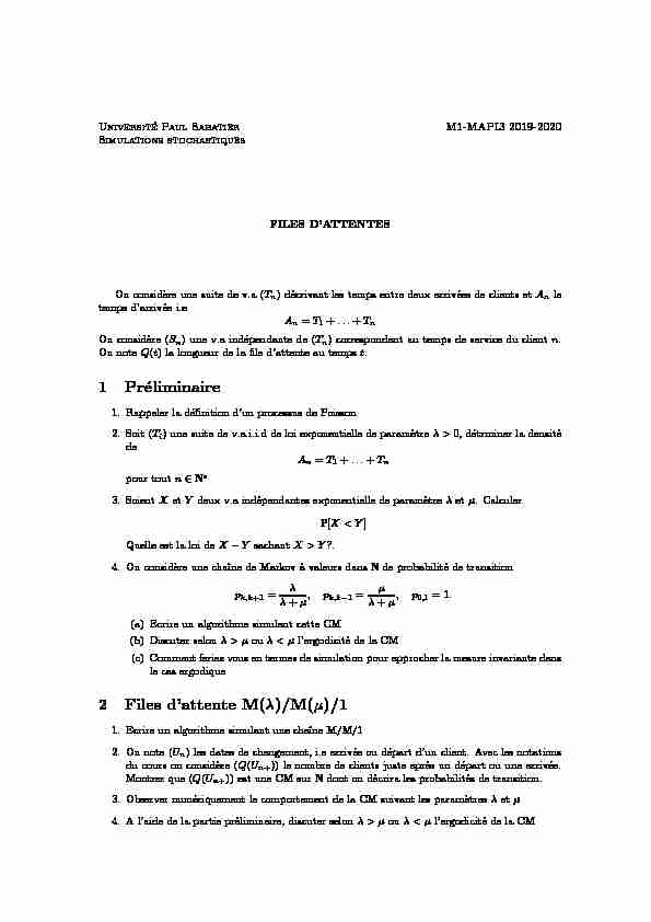 [PDF] 1 Préliminaire 2 Files dattente M(λ)/M(μ)/1