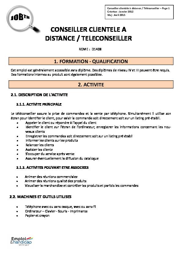 CONSEILLER CLIENTELE A DISTANCE / TELECONSEILLER