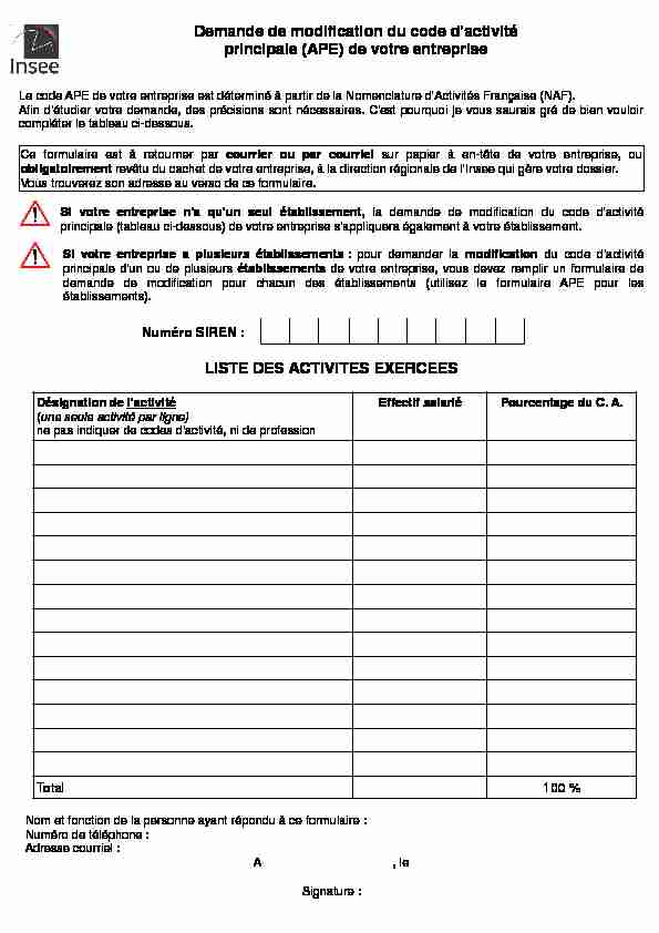 [PDF] Demande de modification du code APE (INSEE) - CCI Bretagne