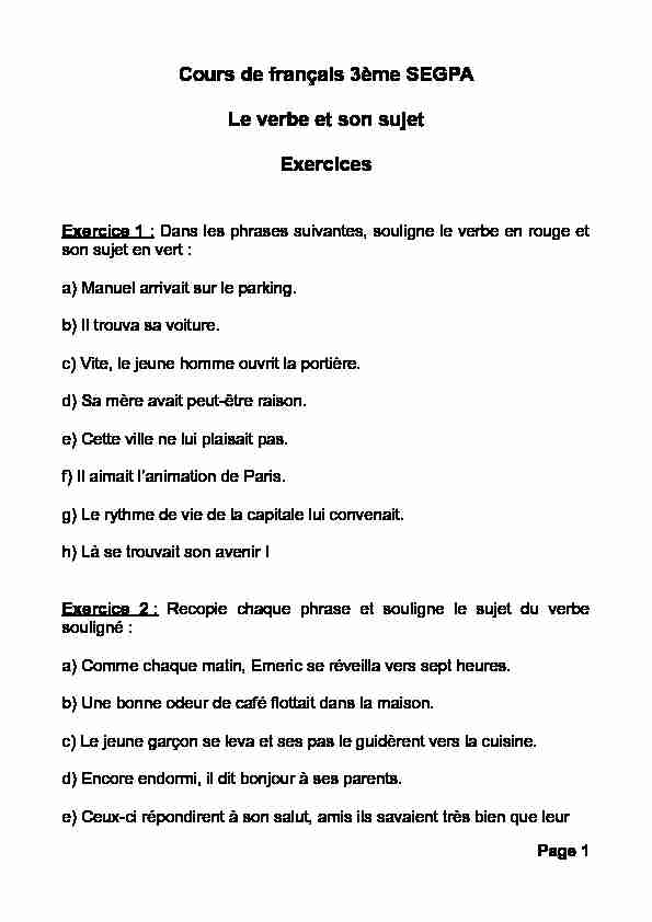 Cours de français 3ème SEGPA Le verbe et son sujet Exercices