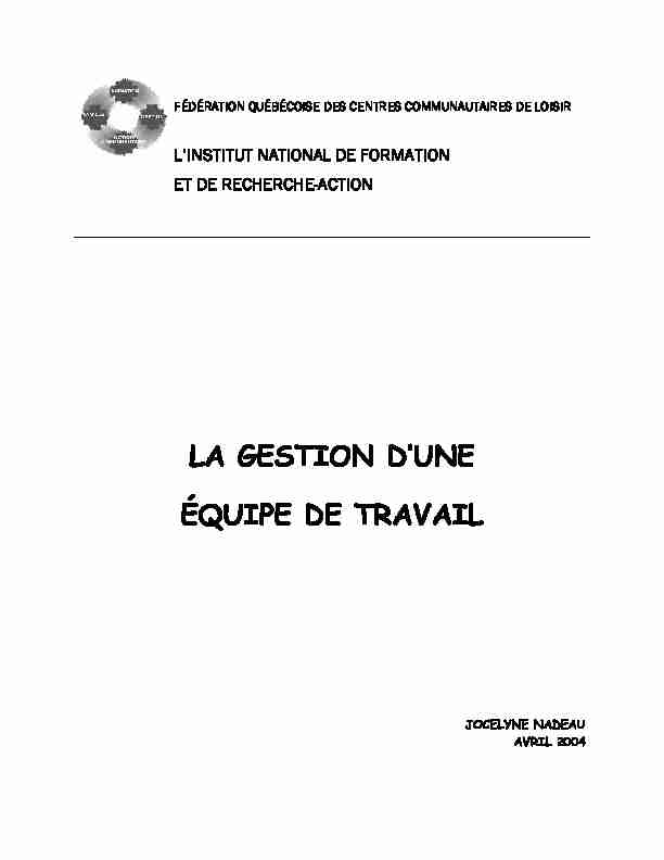 [PDF] LA GESTION DUNE ÉQUIPE DE TRAVAIL