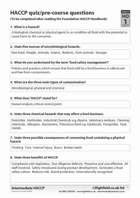 HACCP quiz/pre-course questions HO (To be completed after