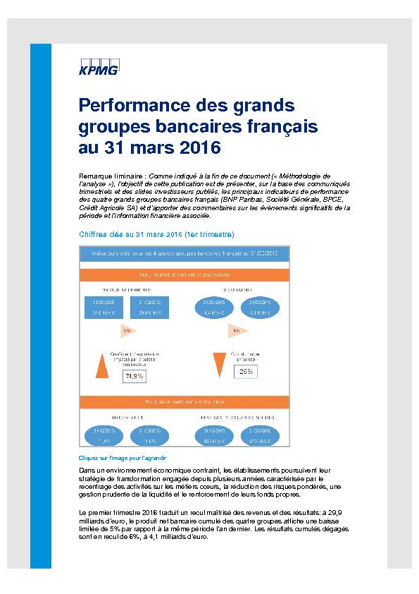 Performance des grands groupes bancaires français au 31 mars 2016