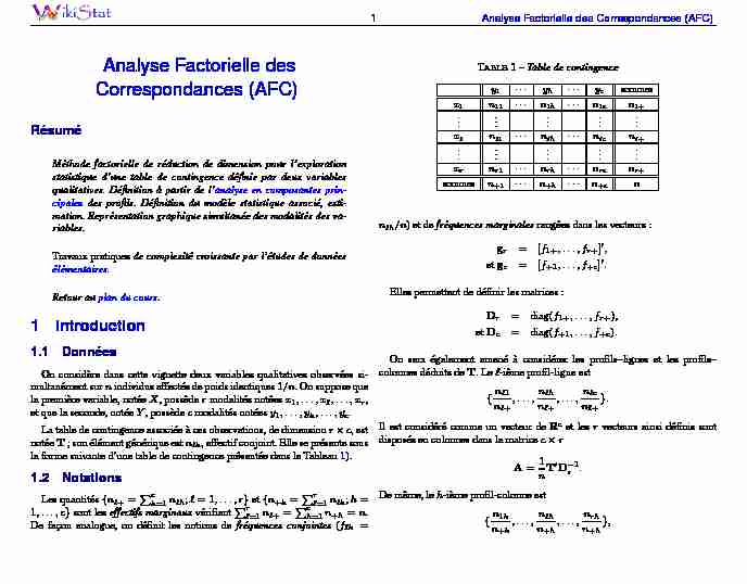 Analyse Factorielle des TABLE Correspondances (AFC)