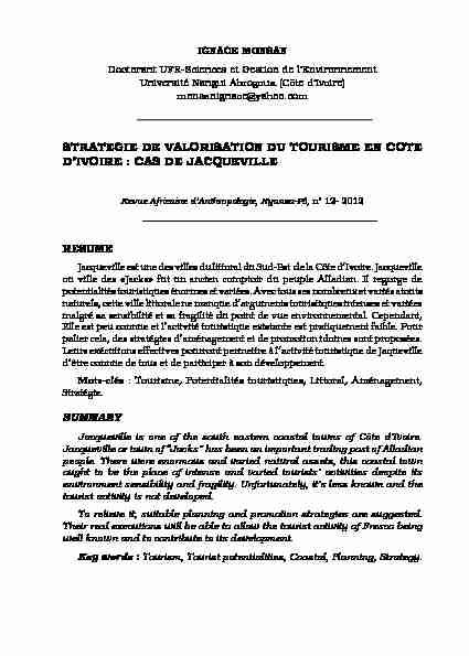 STRATEGIE DE VALORISATION DU TOURISME EN COTE D’IVOIRE : CAS
