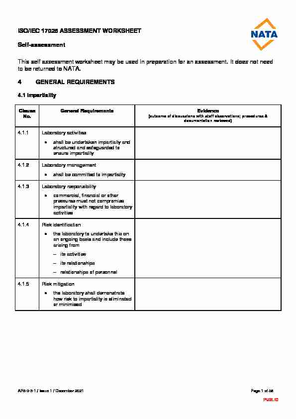 ISO/IEC 17025 ASSESSMENT WORKSHEET Self-assessment - NATA