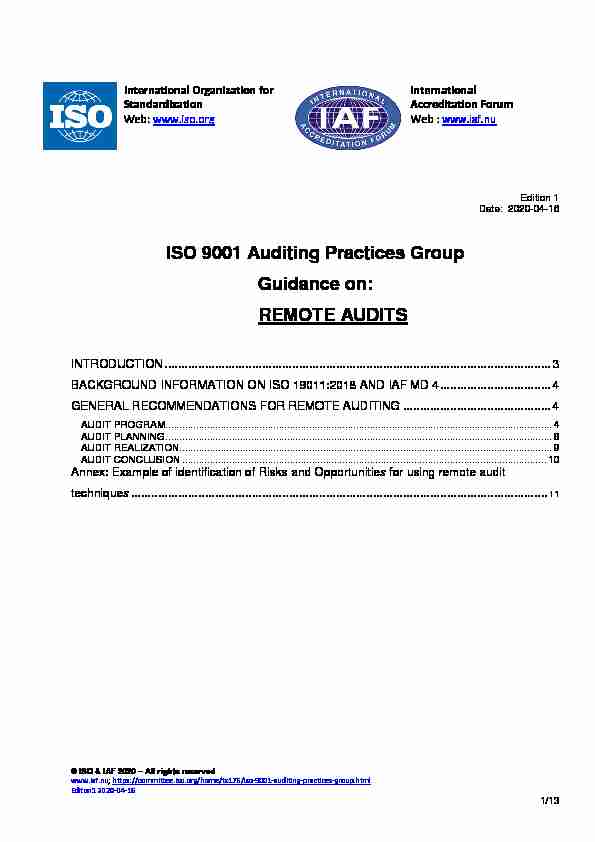 ISO 9001 Auditing Practices Group Guidance on: REMOTE AUDITS