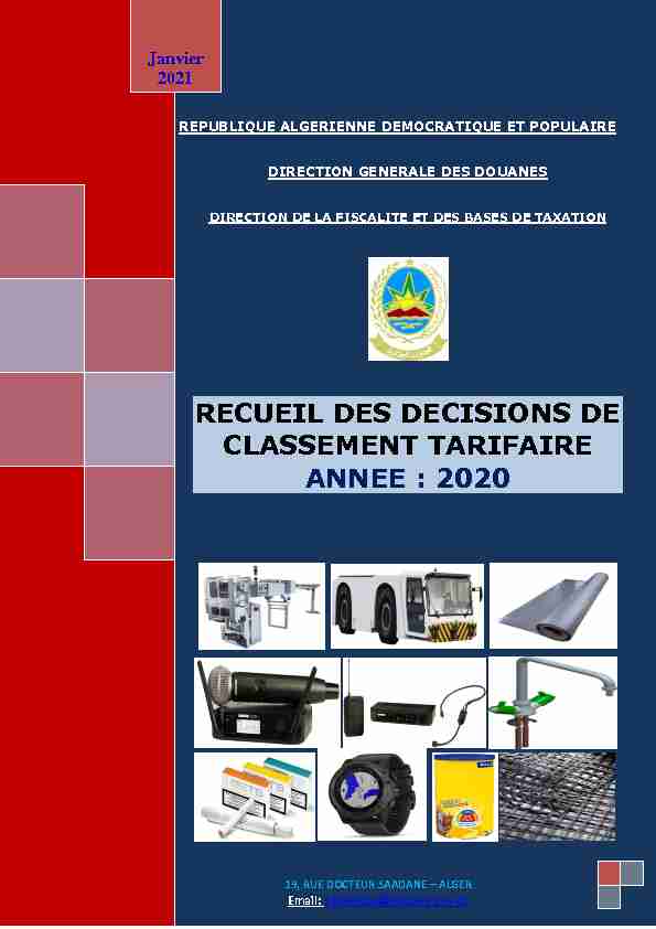 RECUEIL DES DECISIONS DE CLASSEMENT TARIFAIRE ANNEE