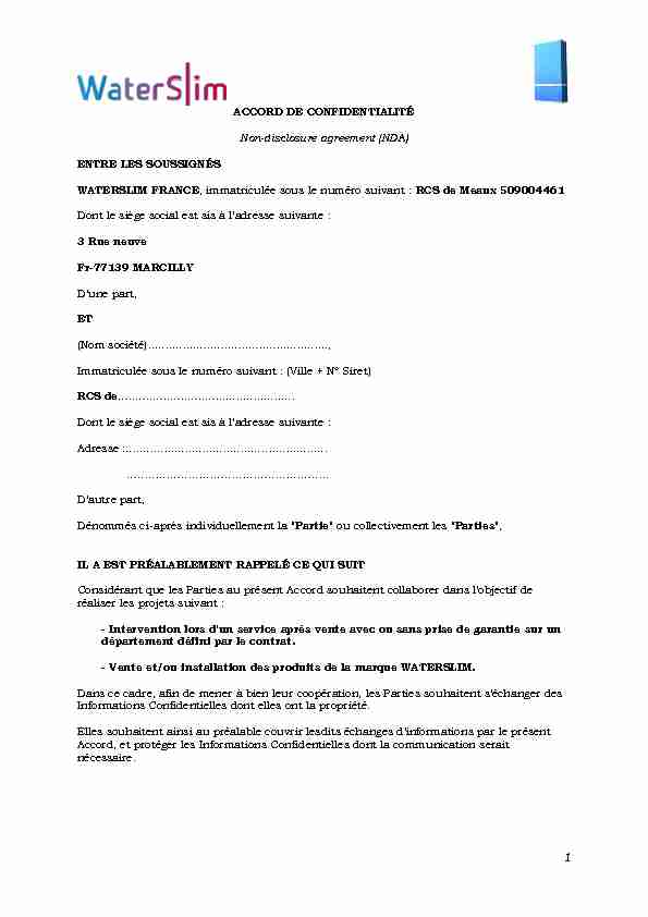 ACCORD DE CONFIDENTIALITÉ Non-disclosure agreement (NDA