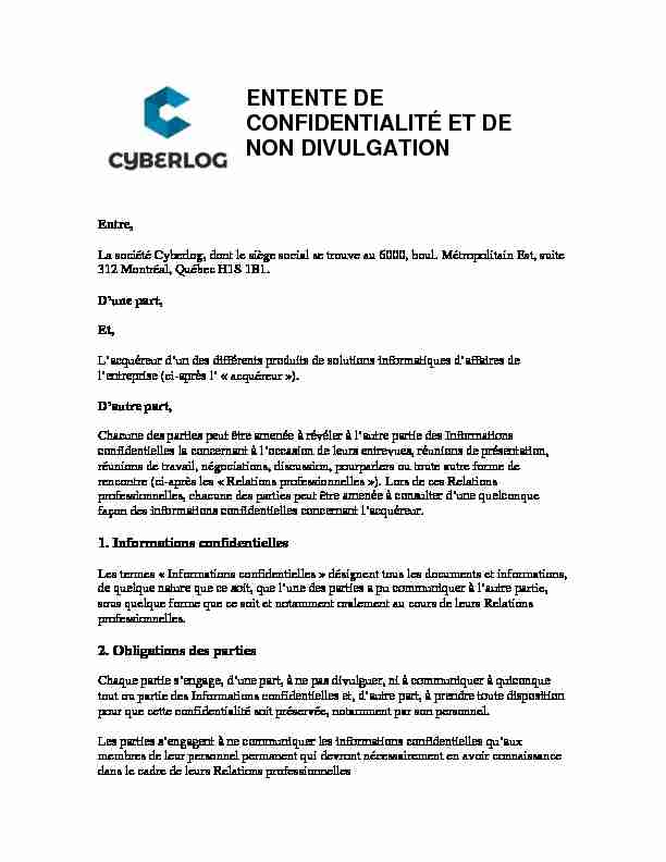 [PDF] ENTENTE DE CONFIDENTIALITÉ ET DE NON DIVULGATION