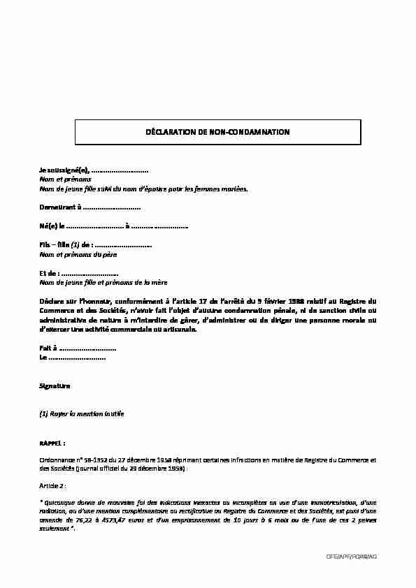 DÉCLARATION DE NON-CONDAMNATION - CFE-Metierscom