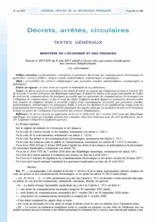 Journal officiel de la République française - N° 109 du 10 mai 2017
