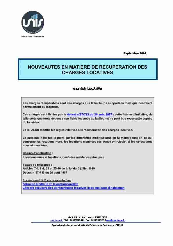 [PDF] NOUVEAUTES EN MATIERE DE RECUPERATION DES CHARGES