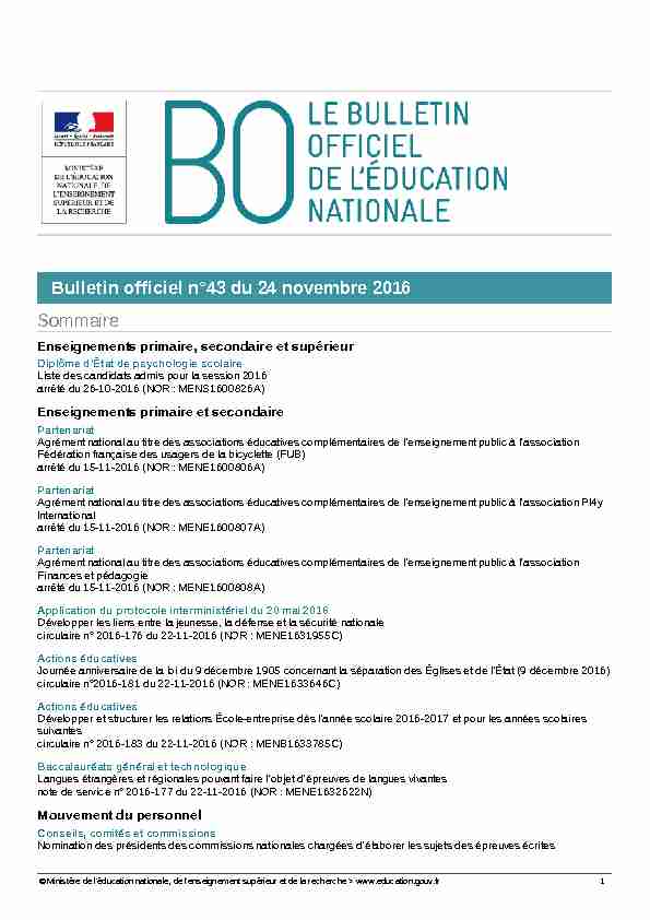 Bulletin officiel n°43 du 24 novembre 2016 Sommaire