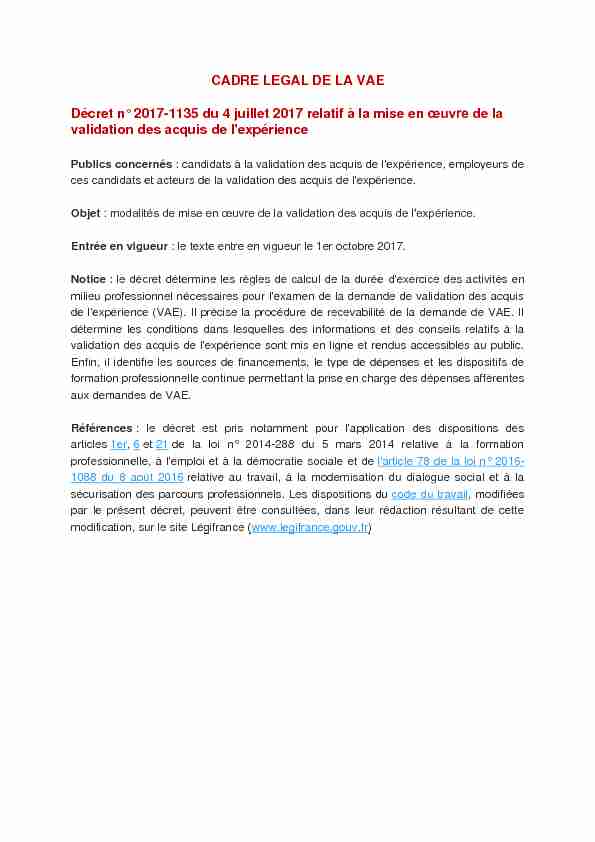 CADRE LEGAL DE LA VAE Décret n° 2017-1135 du 4 juillet 2017