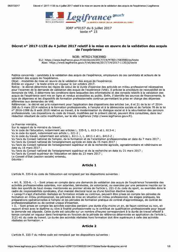 [PDF] Décret n° 2017-1135 du 4 juillet 2017 res acquis de lexpérience