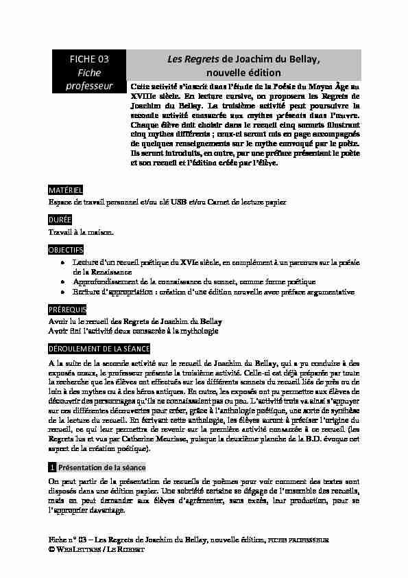 [PDF] FICHE 03 Fiche professeur Les Regrets de Joachim du  - WebLettres