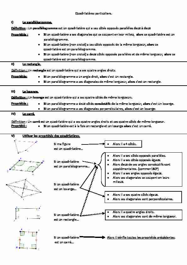 [PDF] Quadrilatères particuliers I) Le parallélogramme Définition : Un