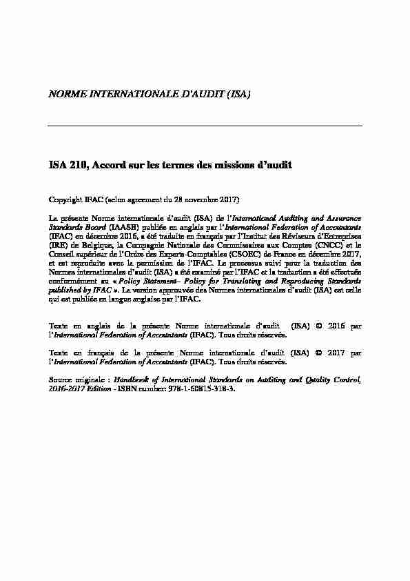 NORME INTERNATIONALE DAUDIT (ISA) ISA 210 Accord sur les