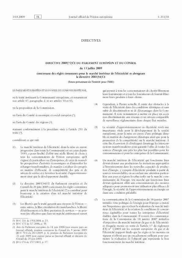 Directive 2009/72/CE du Parlement Européen et du Conseil du 13