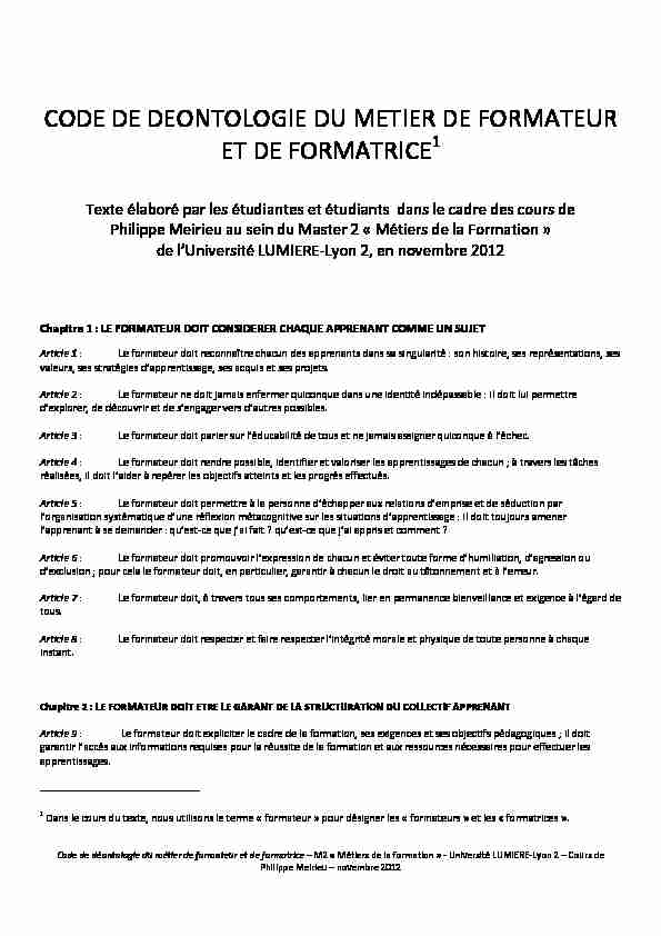 [PDF] LA DEONTOLOGIE EN FORMATION - Philippe Meirieu