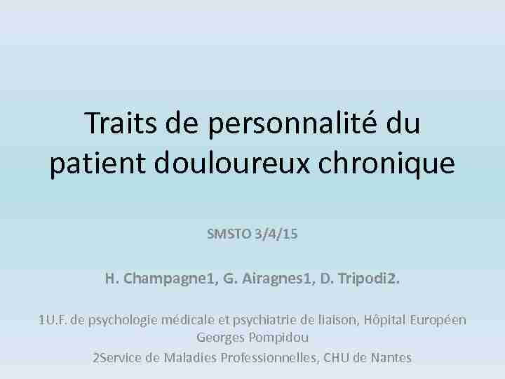 Traits de personnalité du patient douloureux chronique - SMSTO