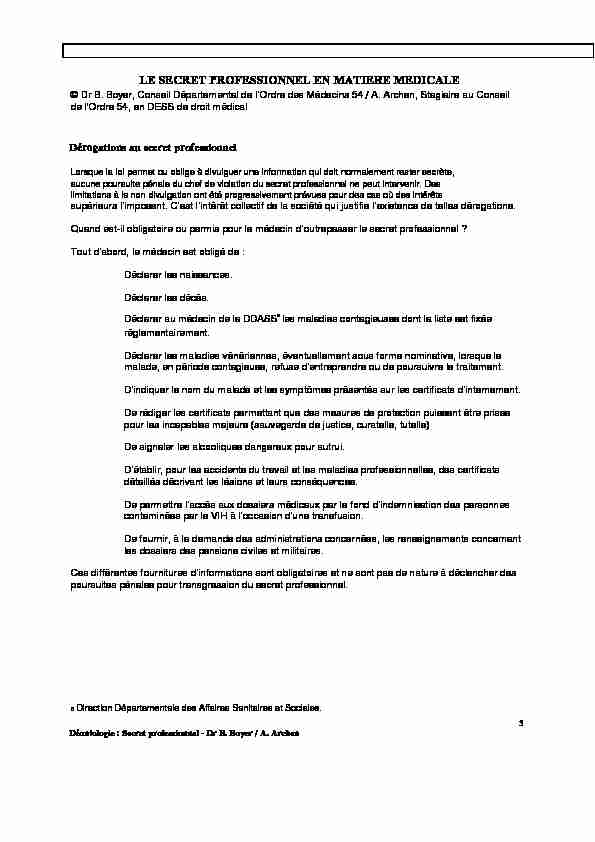 [PDF] Dérogation au secret professionnel - Infos Patients