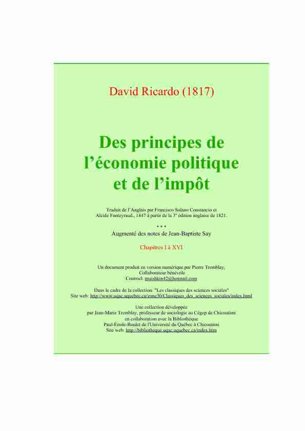 David Ricardo (1817) Des principes de léconomie politique et de l