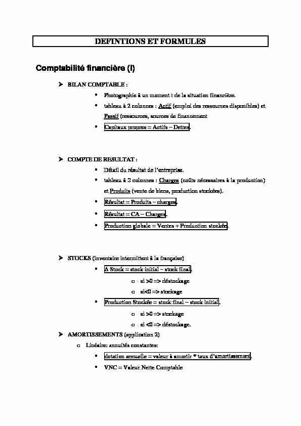 [PDF] DEFINTIONS ET FORMULES Comptabilité financière (I)
