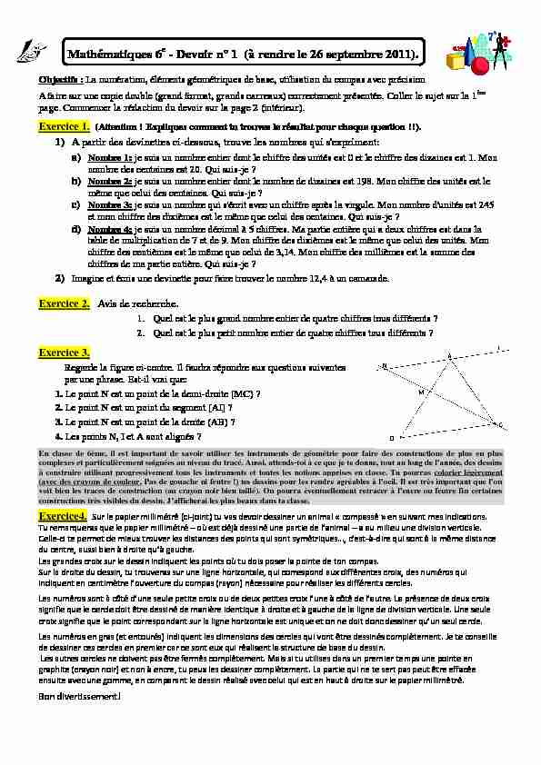 [PDF] Mathématiques 6 - Devoir n° 1 (à rendre le 26 septembre 2011)