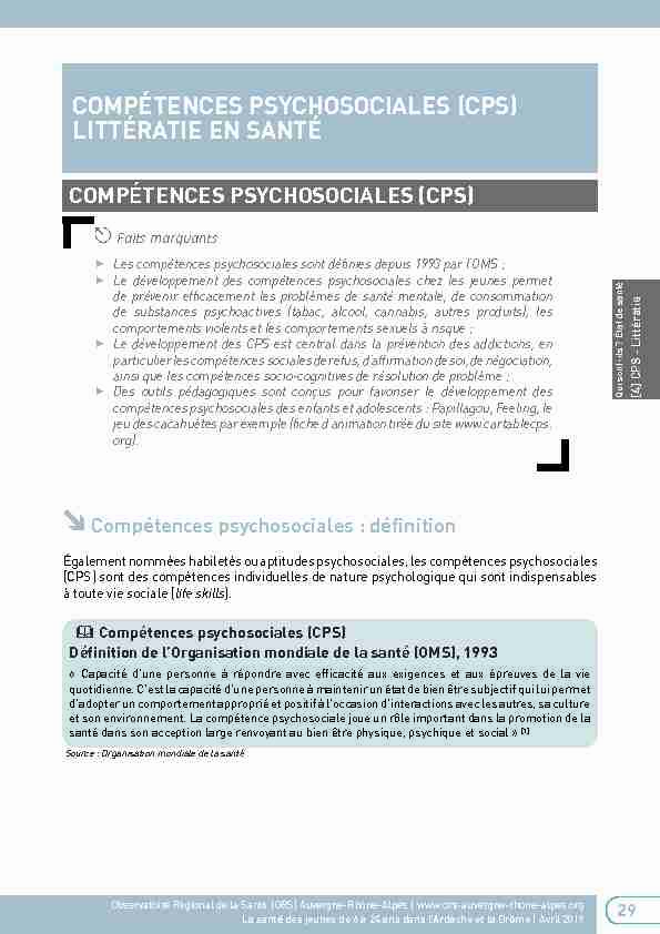 COMPÉTENCES PSYCHOSOCIALES (CPS) LITTÉRATIE EN SANTÉ